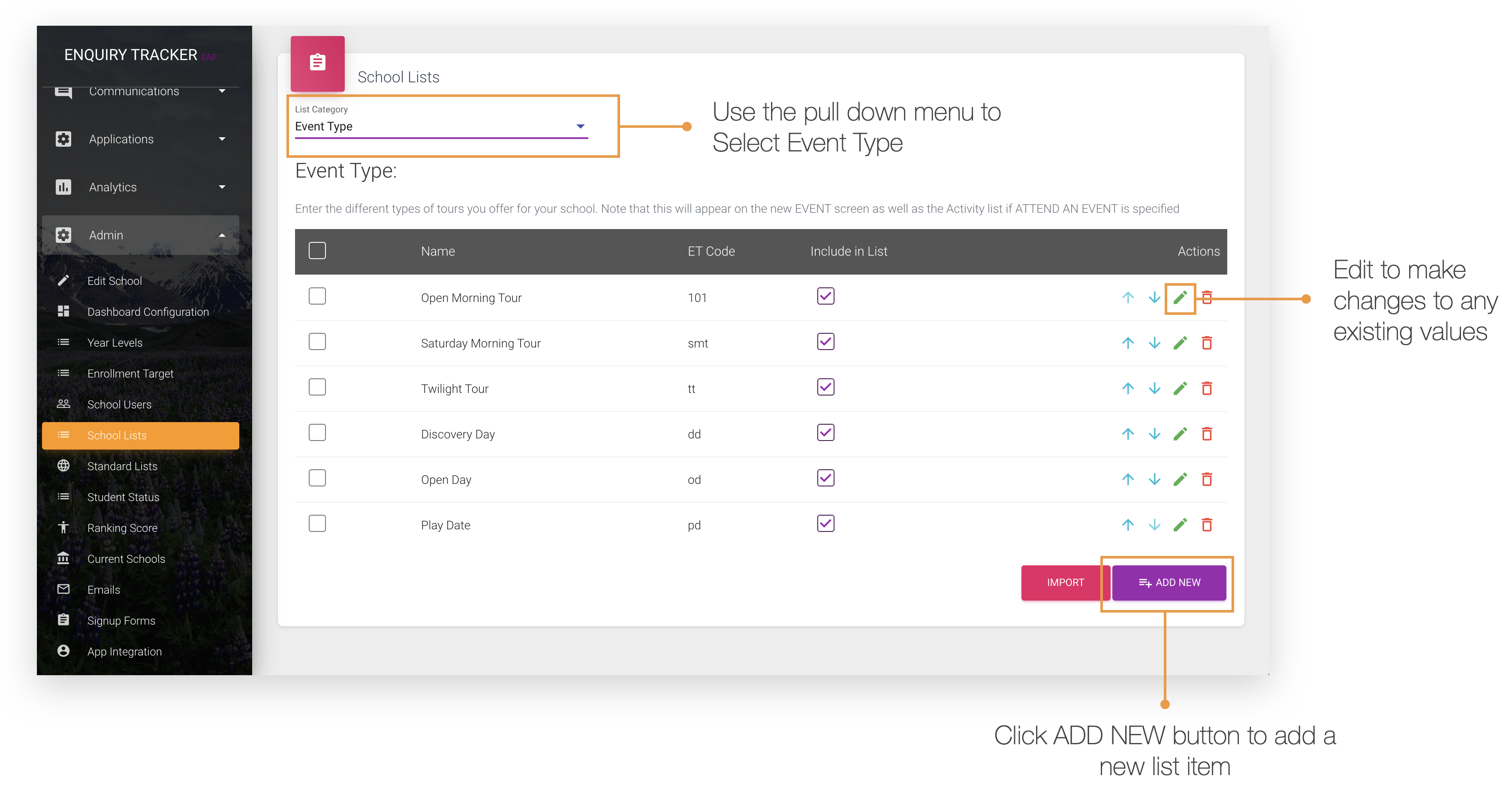 Adding an Event Type – Enquiry Tracker